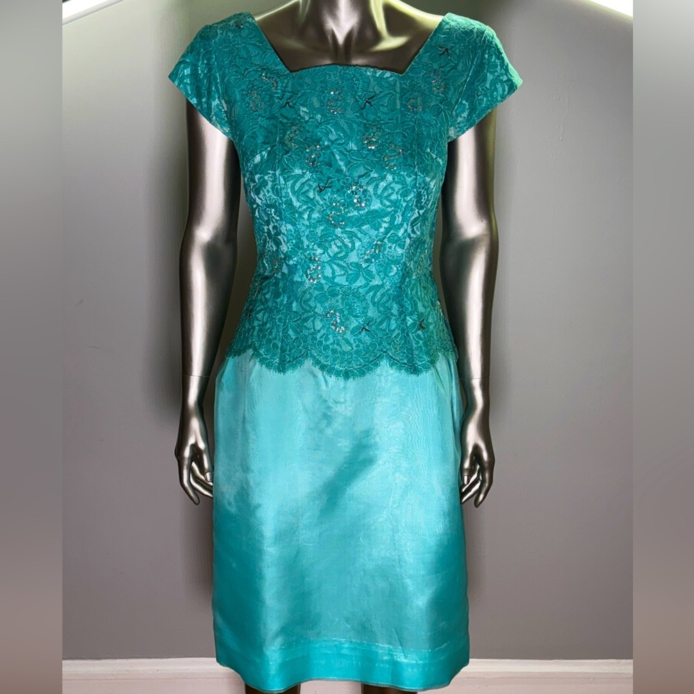 VTG 60s Teal Beaded Lace and Organza Wiggle Dress Sz M